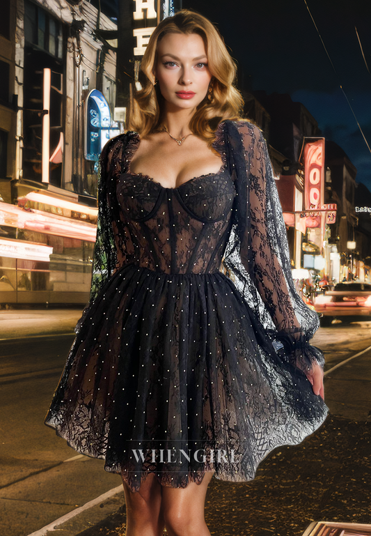 A-Line Sweetheart Neck Long Sleeves Lace Criss Cross Straps Homecoming Dress