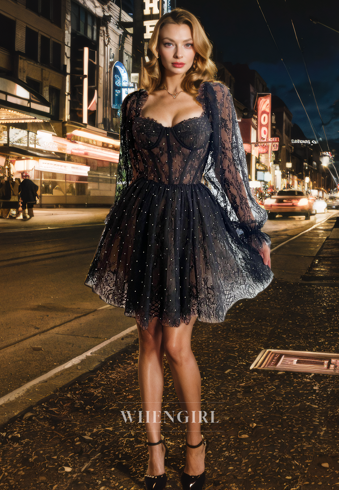 A-Line Sweetheart Neck Long Sleeves Lace Criss Cross Straps Homecoming Dress