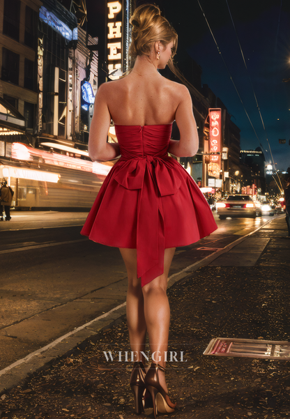 A-Line Strapless Sleeveless Pleated Back Zipper Bow Knot Homecoming Dress