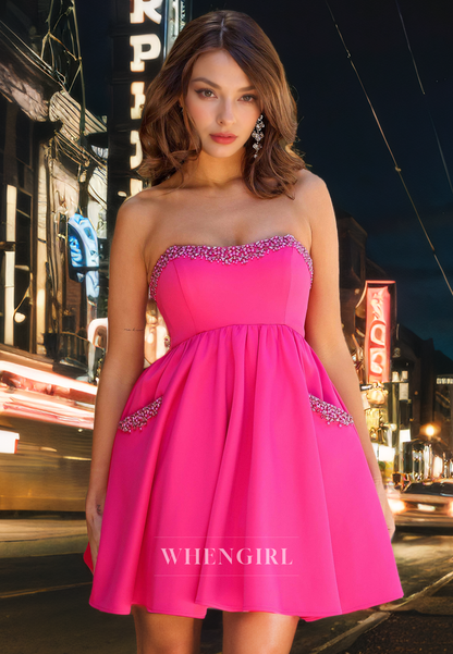 A-Line Strapless Sleeveless Beaded Back Zipper Short Homecoming Dress