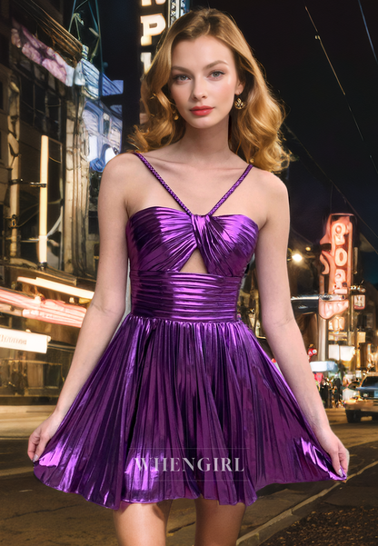 A-Line Strapless Halter Pleated Back Zipper Homecoming Dress