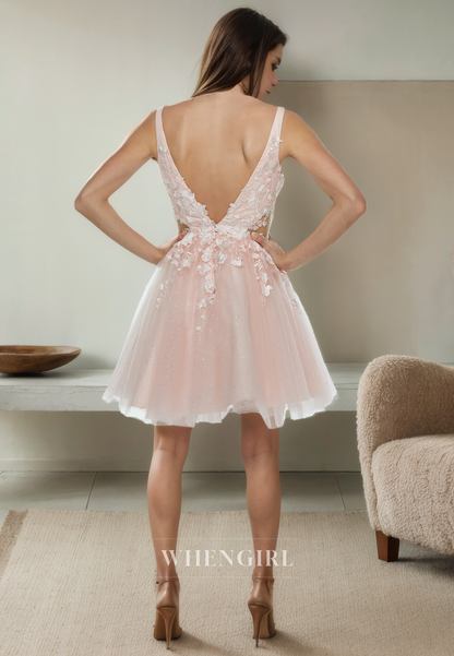 A-Line V Neck Straps Sleeveless Appliques Tulle Open Back Homecoming Dress