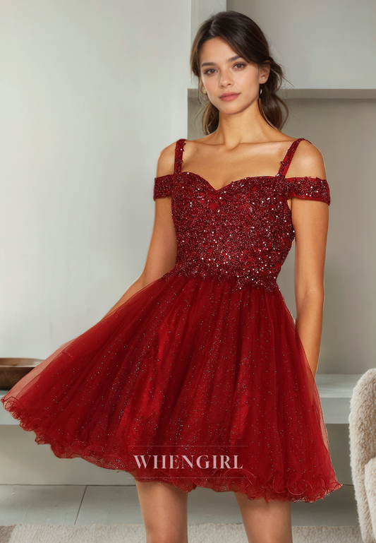 A-Line Off Shoulder Straps Sleeveless Beaded Sequins Lace Up Tulle Homecoming Dress