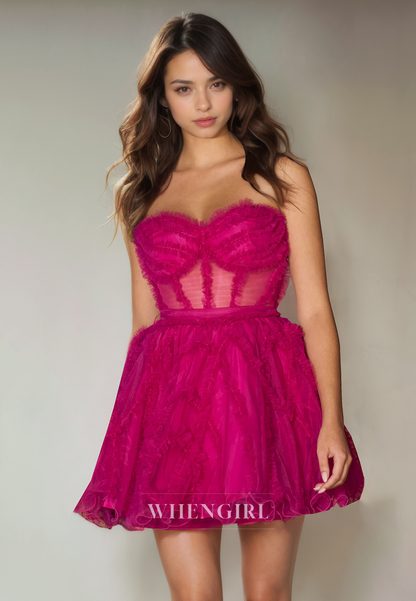 A-Line Strapless Sleeveless Pleated Tulle Tiered Back Zipper Homecoming Dress