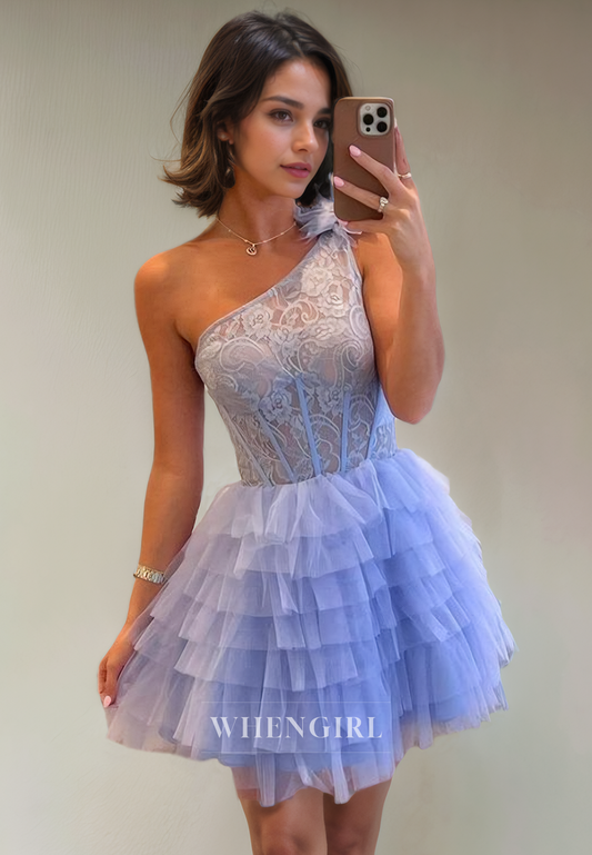 A-Line One Shoulder Sleeveless Appliques Tulle Tiered Back Zipper Homecoming Dress