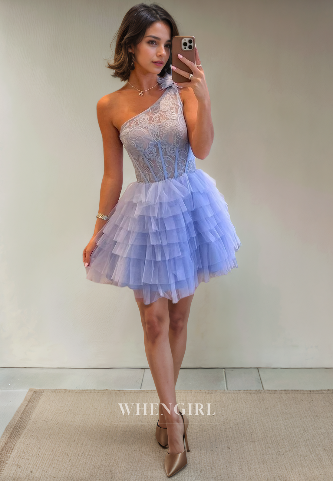 A-Line One Shoulder Sleeveless Appliques Tulle Tiered Back Zipper Homecoming Dress