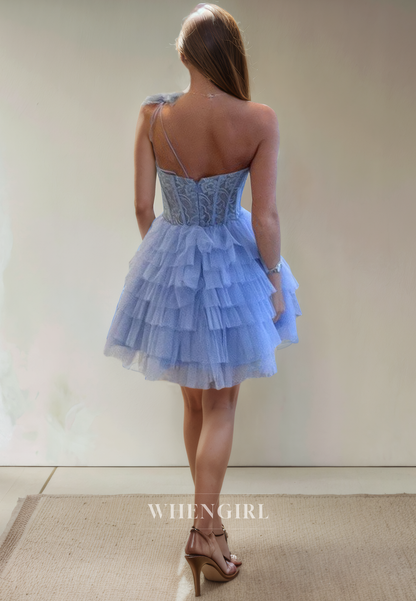 A-Line One Shoulder Sleeveless Appliques Tulle Tiered Back Zipper Homecoming Dress