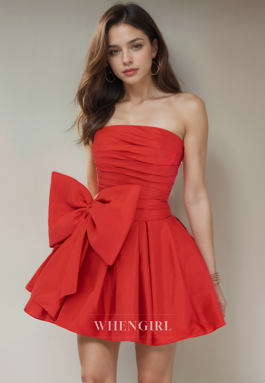 A-Line Strapless Sleeveless Pleated Back Zipper Homecoming Dress with Bow Knot