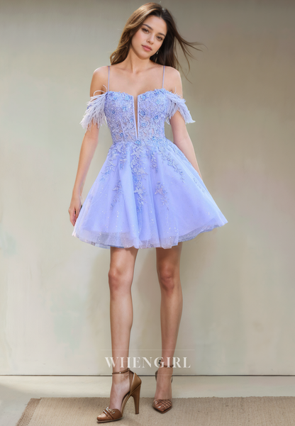 A-Line Off Shoulder Straps Sleeveless Appliques Glitter Tulle Homecoming Dress