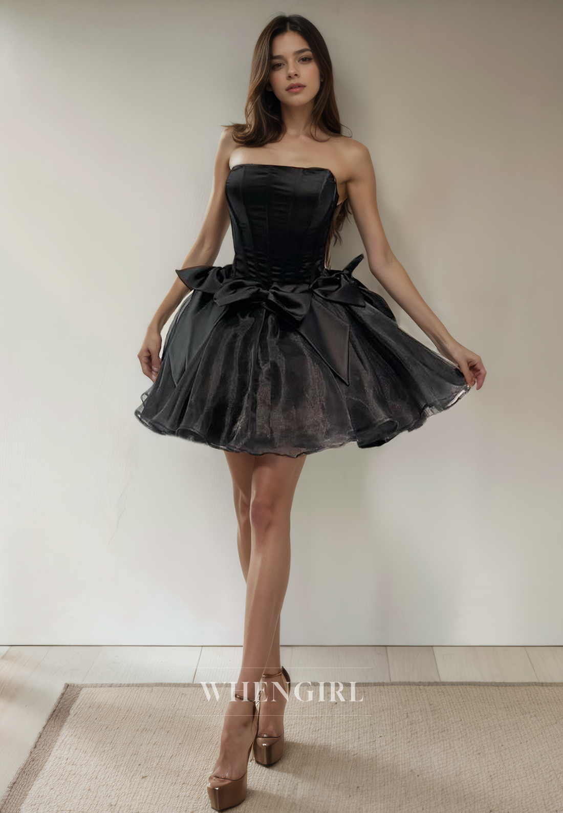 A-Line Strapless Sleeveless Pleated Lace Up Bow Knot Homecoming Dress