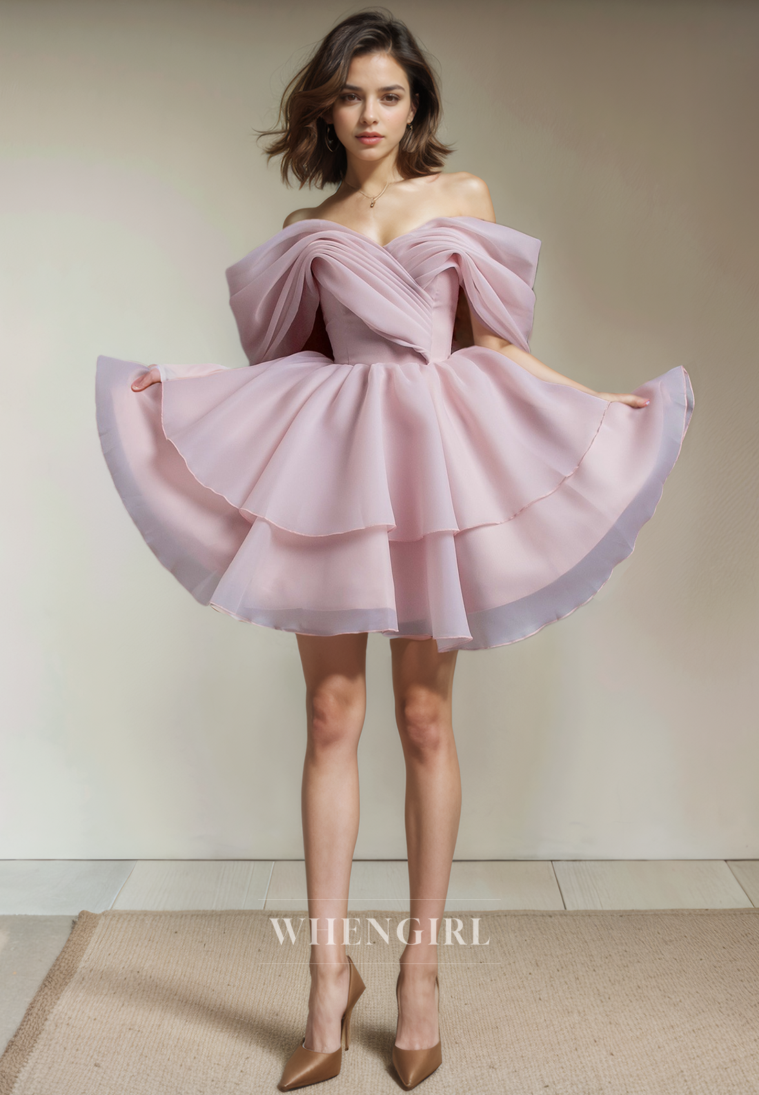 A-Line Off Shoudler Half Sleeves Pleated Mesh Tiered Homecoming Dress