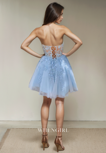 A-Line Strapless Sleeveless Appliques Criss Cross Straps Homecoming Dress