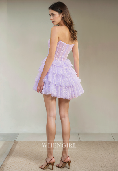A-Line Boat Neck Sleeveless Tulle Tiered Back Zipper Homecoming Dress
