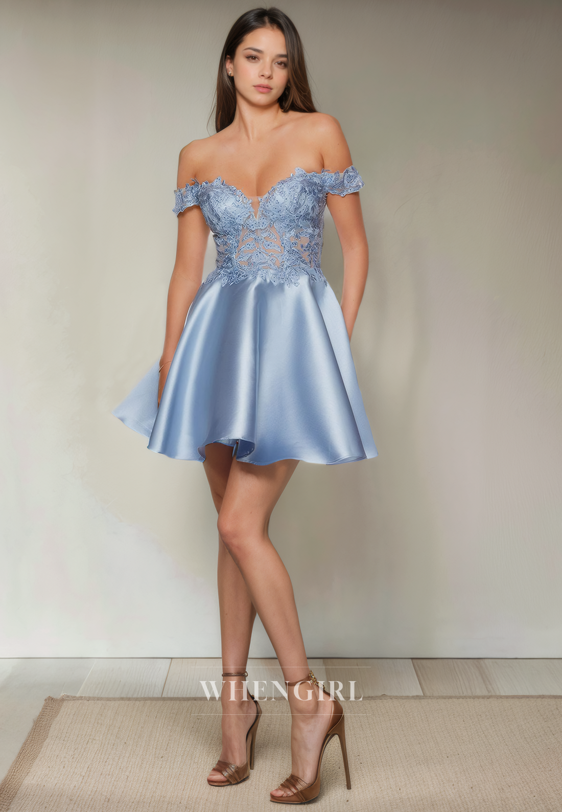 A-Line Off Shoulder Sleeveless Appliques Back Zipper Homecoming Dress