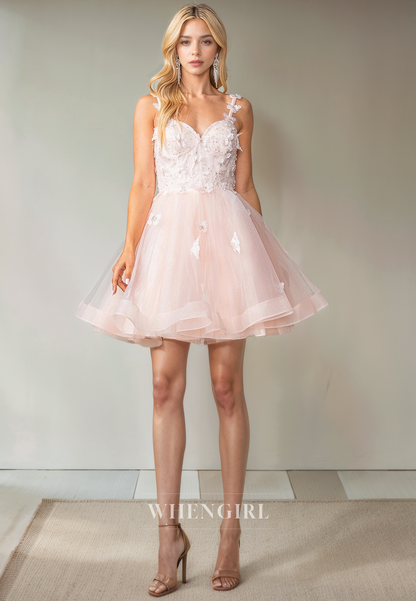 A-Line V Neck Straps Sleeveless Appliques Tulle Back Zipper Homecoming Dress