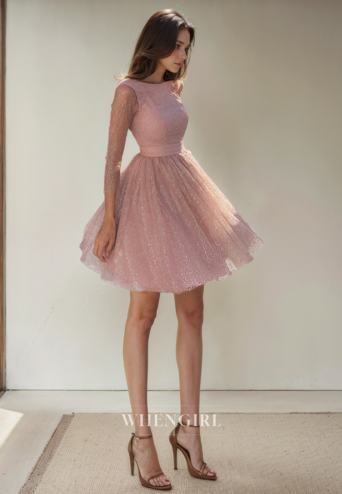 Glitter A-Line Scoop Neck 34 Length Sleeves Open Back Homecoming Dress