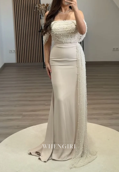Off Shoudler Pearls Beaded Sheath Back Zipper Sleeveless Long Evening Formal Gown