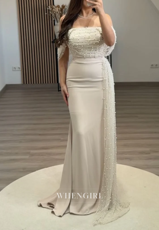 Off Shoudler Pearls Beaded Sheath Back Zipper Sleeveless Long Evening Formal Gown