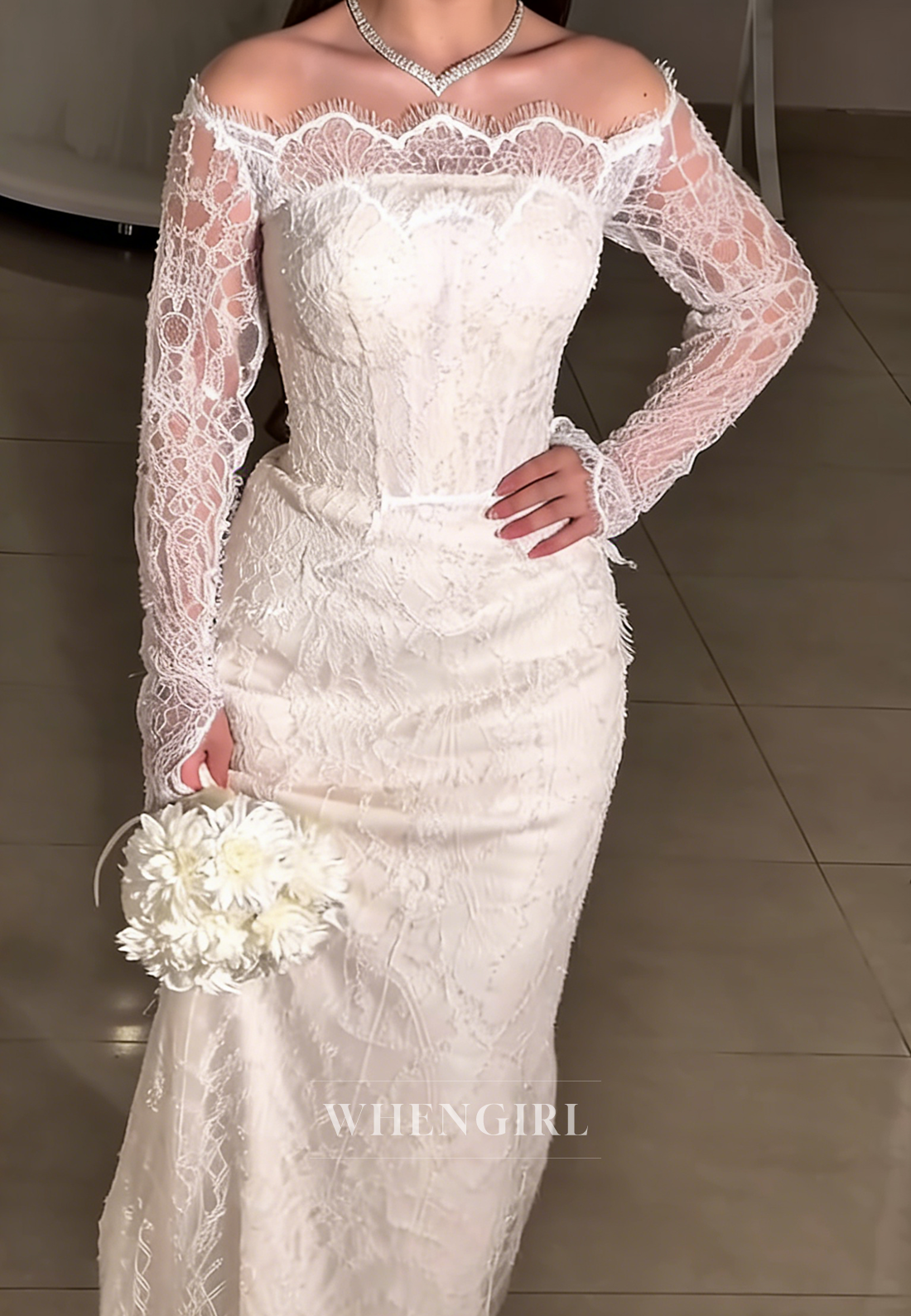 Trumpet Long Sleeves Lace Back Zipper Sweep Train Wedding Dress