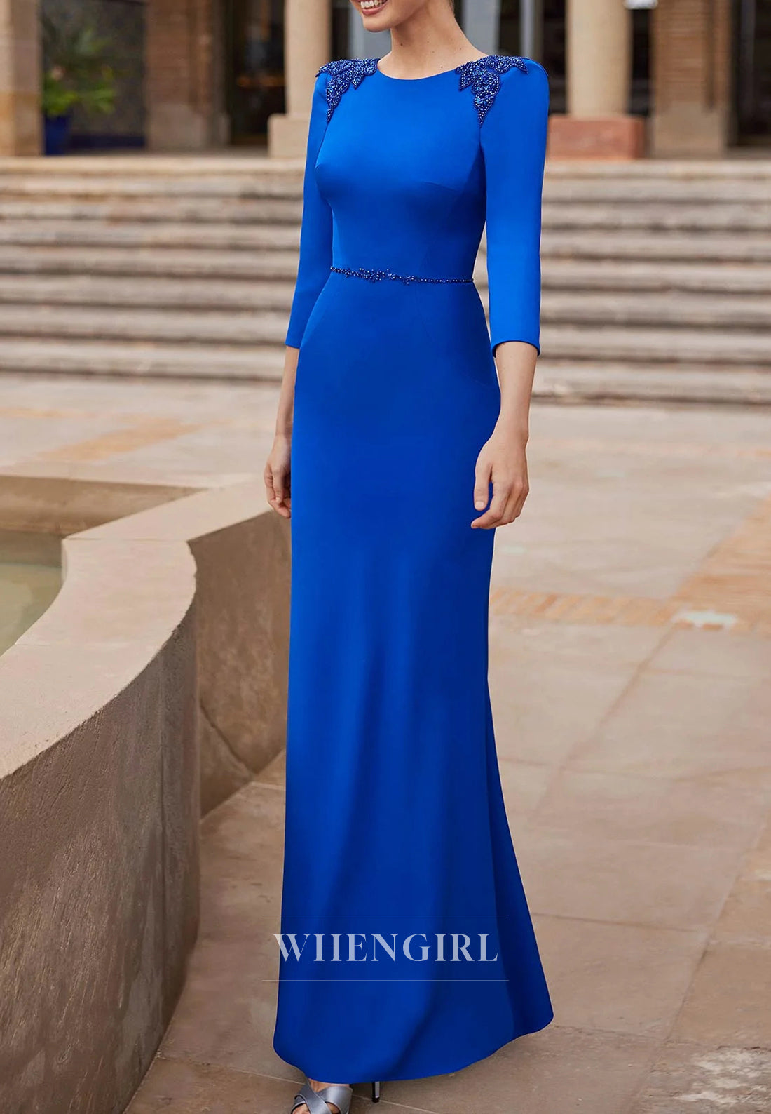 Royal Blue Bateau Neck 3/4 Sleeves Beaded Sheath Mother of the Bride Dress