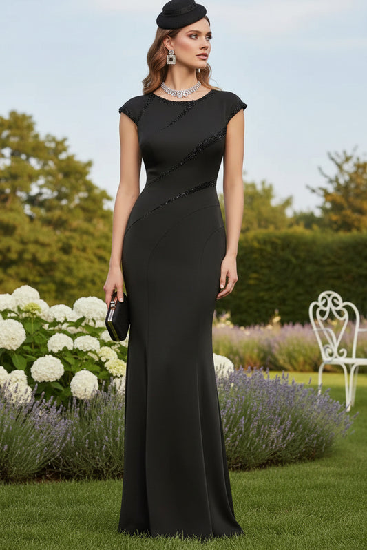 Black Bateau Neck Cap Sleeves Beading Sheath Mother of the Bride Dress