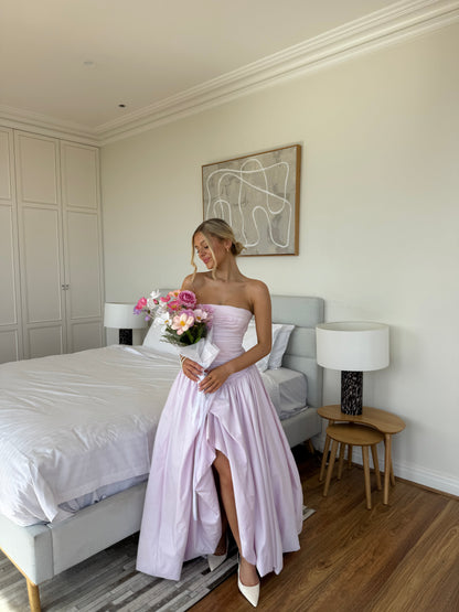 Pink Tube Top Slit Ruched Sleeveless Prom Dress