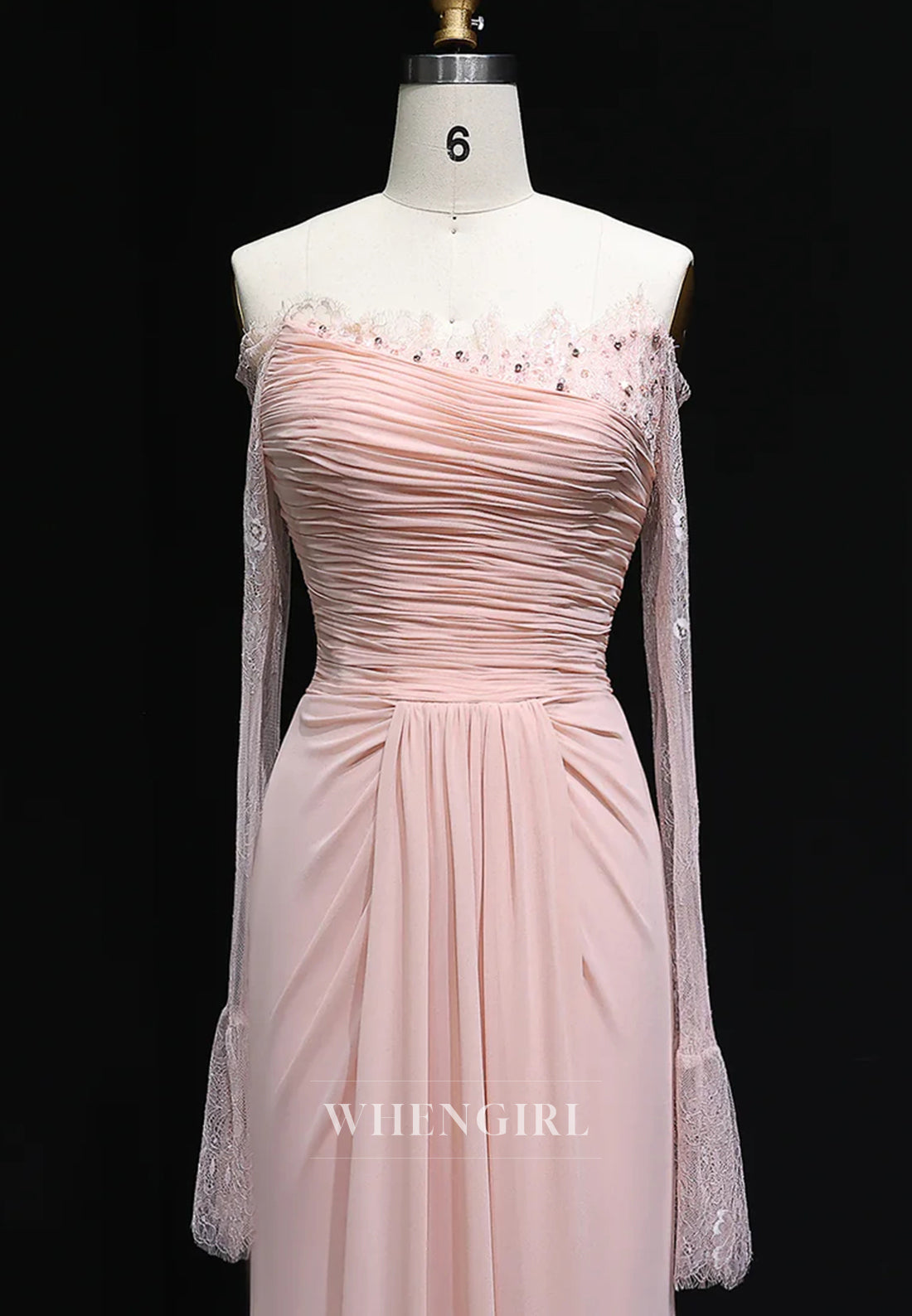 Blush Sheath Off Shoulder Long Sleeves Pleated Back Zipper Formal Evening Gown