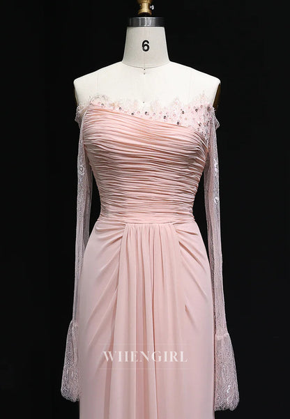 Blush Sheath Off Shoulder Long Sleeves Pleated Back Zipper Formal Evening Gown