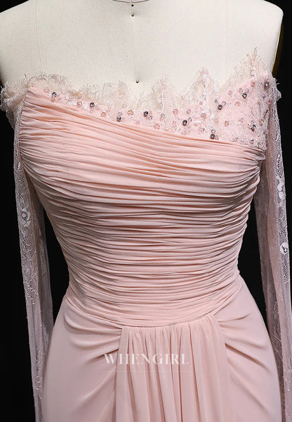 Blush Sheath Off Shoulder Long Sleeves Pleated Back Zipper Formal Evening Gown