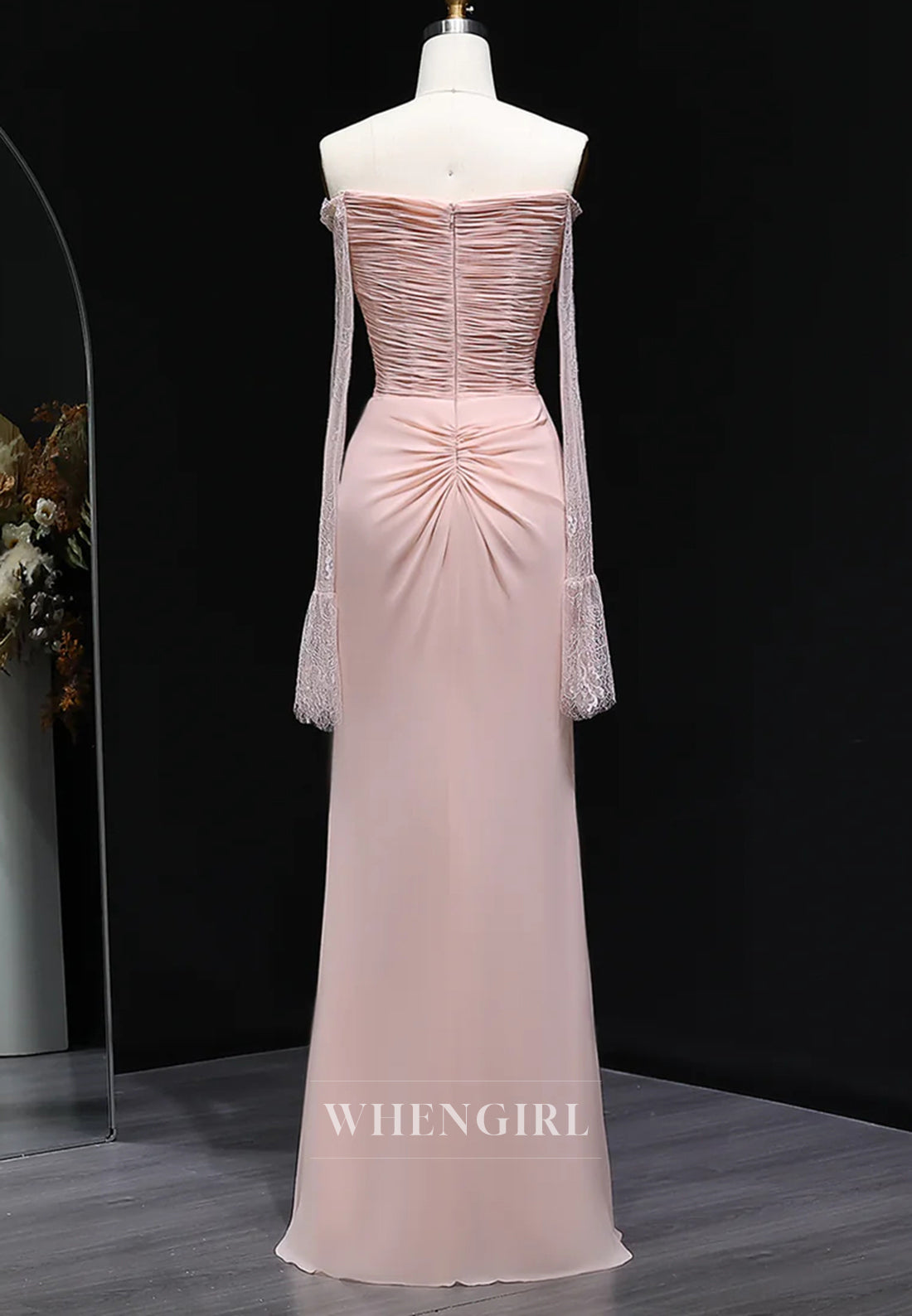 Blush Sheath Off Shoulder Long Sleeves Pleated Back Zipper Formal Evening Gown