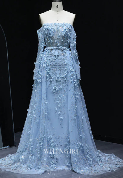 Long Sleeves Sheath Sweep Train Formal Dress Off Shoudler Floral Evening Gown