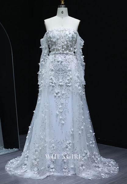 Long Sleeves Sheath Sweep Train Formal Dress Off Shoudler Floral Evening Gown