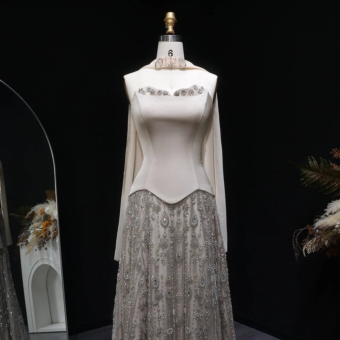 Luxury Strapless Beaded A-Line Evening Dress with Scarf