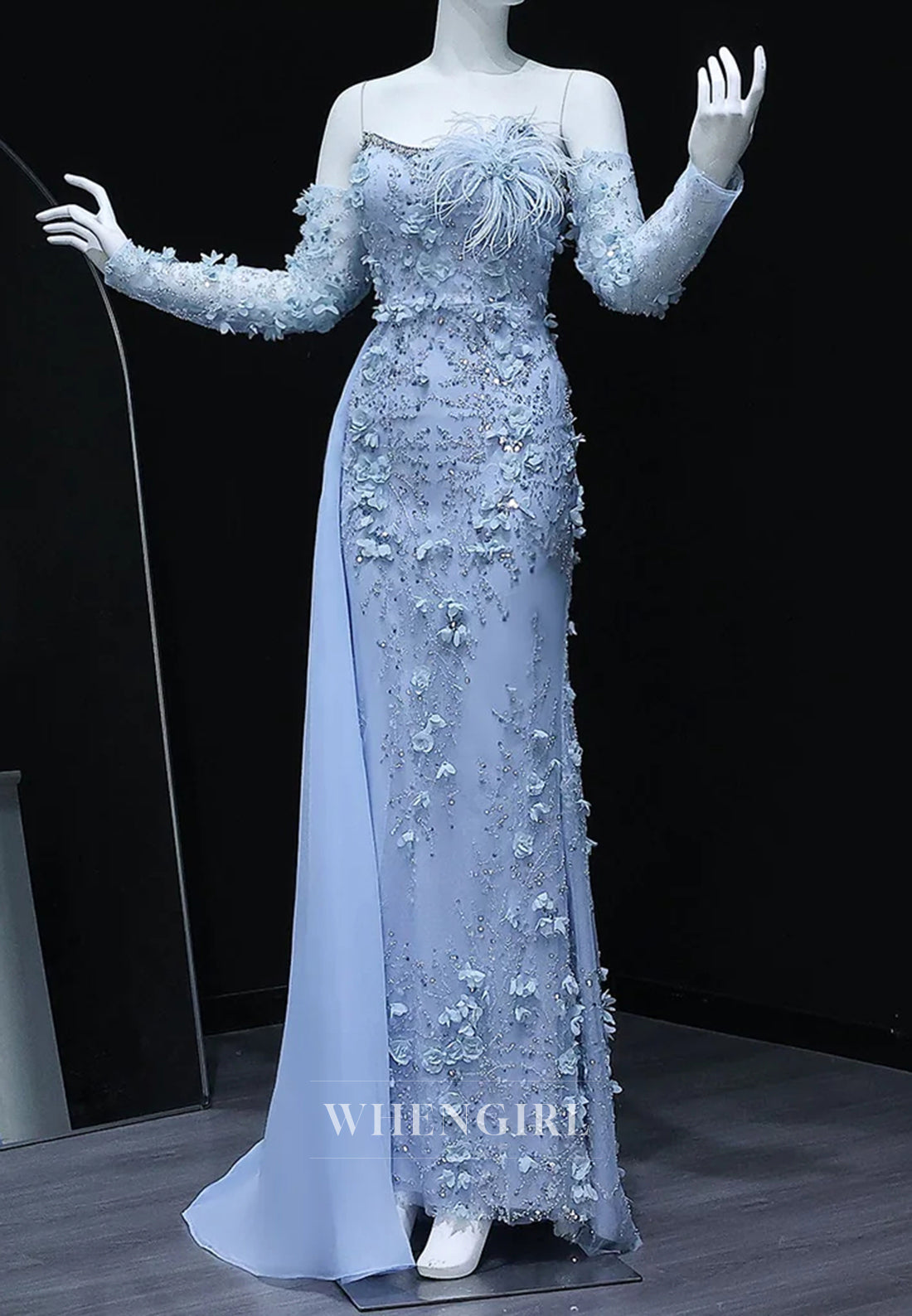Sheath Bateau Neck Long Sleeves Appliqued Flowers Side Train Formal Evening Gown