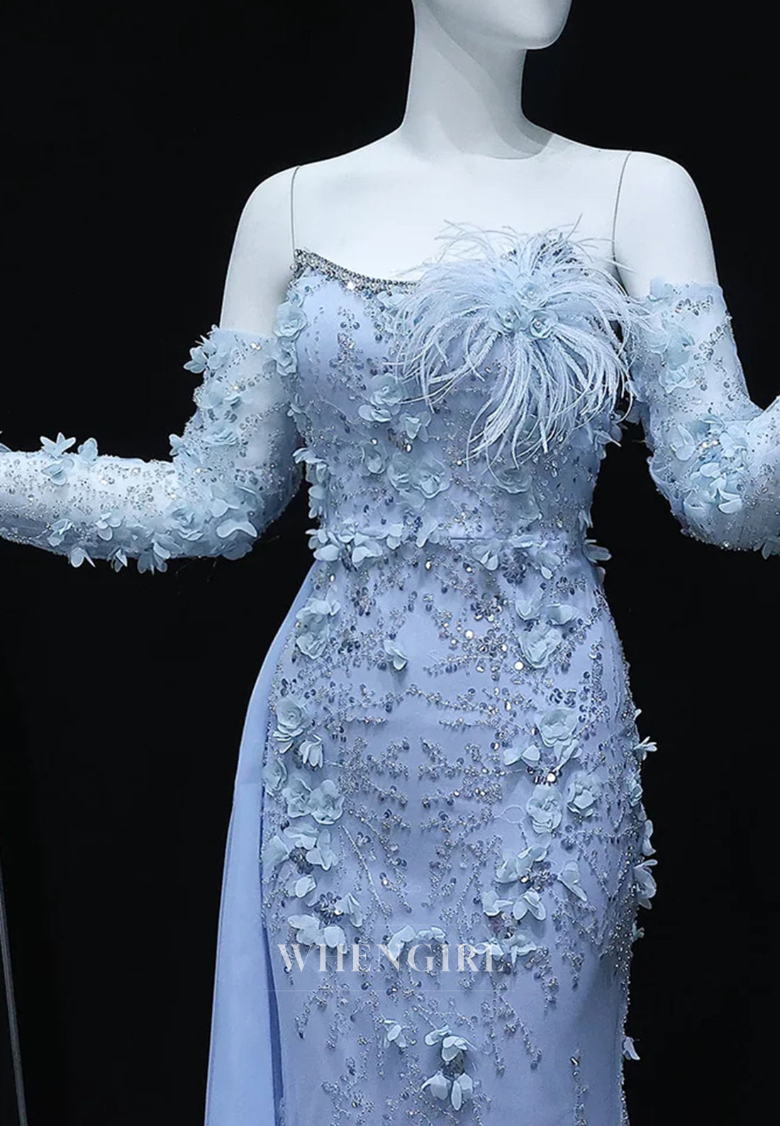 Sheath Bateau Neck Long Sleeves Appliqued Flowers Side Train Formal Evening Gown