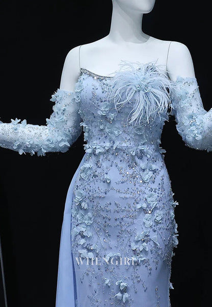 Sheath Bateau Neck Long Sleeves Appliqued Flowers Side Train Formal Evening Gown