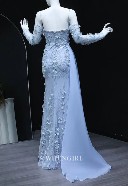 Sheath Bateau Neck Long Sleeves Appliqued Flowers Side Train Formal Evening Gown