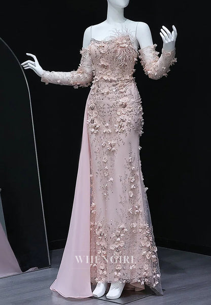 Sheath Bateau Neck Long Sleeves Appliqued Flowers Side Train Formal Evening Gown