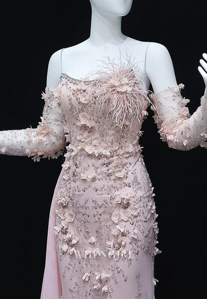 Sheath Bateau Neck Long Sleeves Appliqued Flowers Side Train Formal Evening Gown