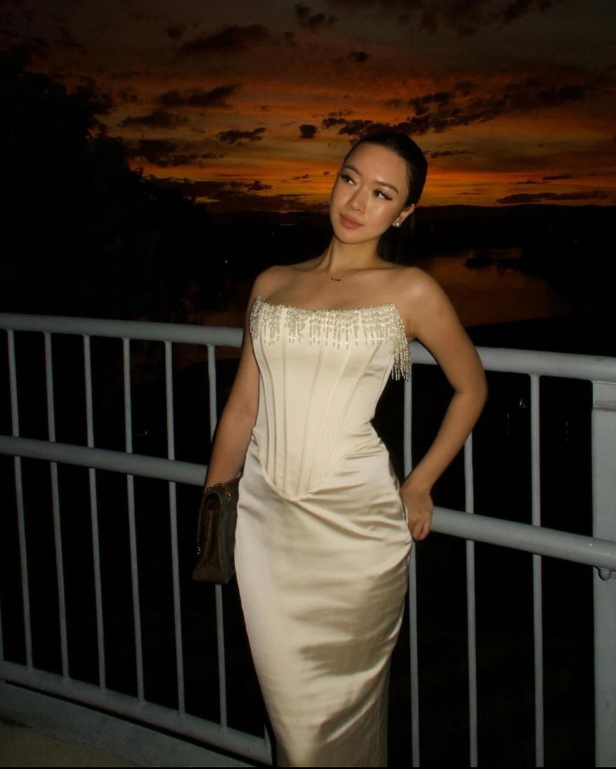 Strapless Pearls Tassel Sheath Midi Dress