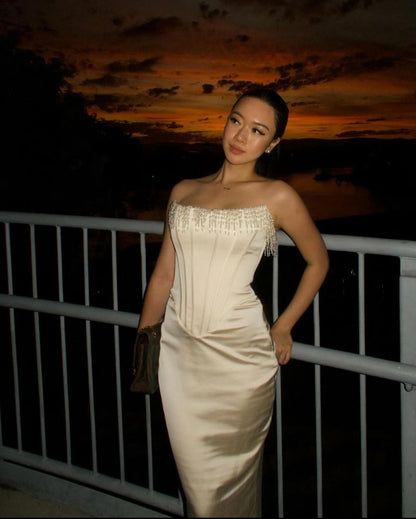 Strapless Pearls Tassel Sheath Midi Dress