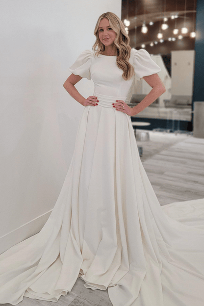 Ivory A-line Puff Sleeves Satin Sweeping Long Wedding Dress