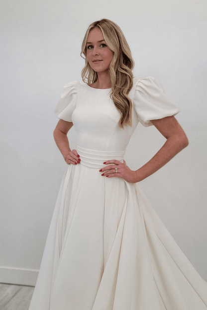 Ivory A-line Puff Sleeves Satin Sweeping Long Wedding Dress