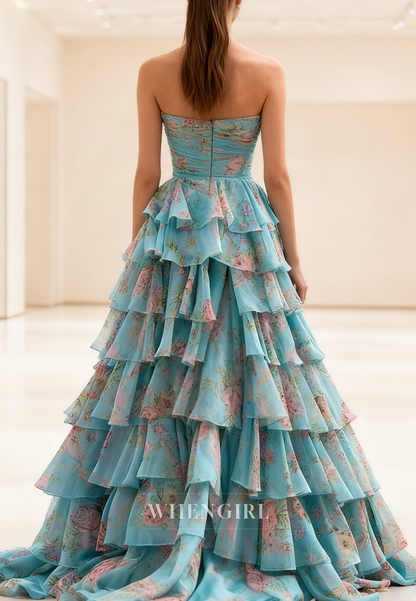 A-Line Multi Tiered Ruffles Sweetheart 3D Flower Side Slit Prom Dress