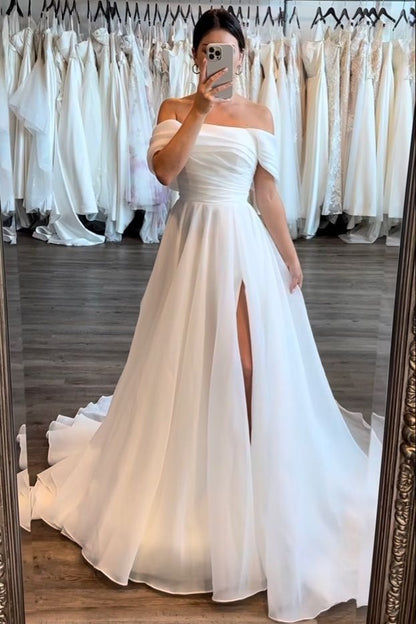 A-Line Off The Shoulder Organza Bridal Gown With Slit