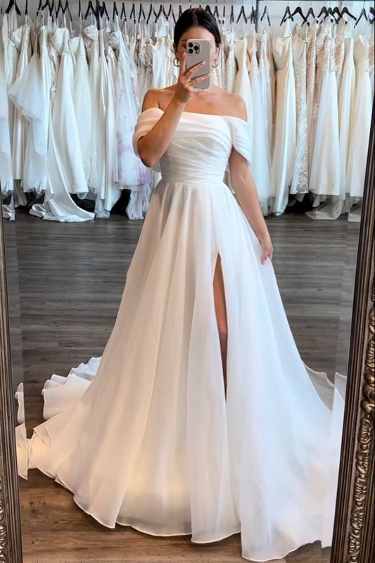 A-Line Off The Shoulder Organza Bridal Gown With Slit