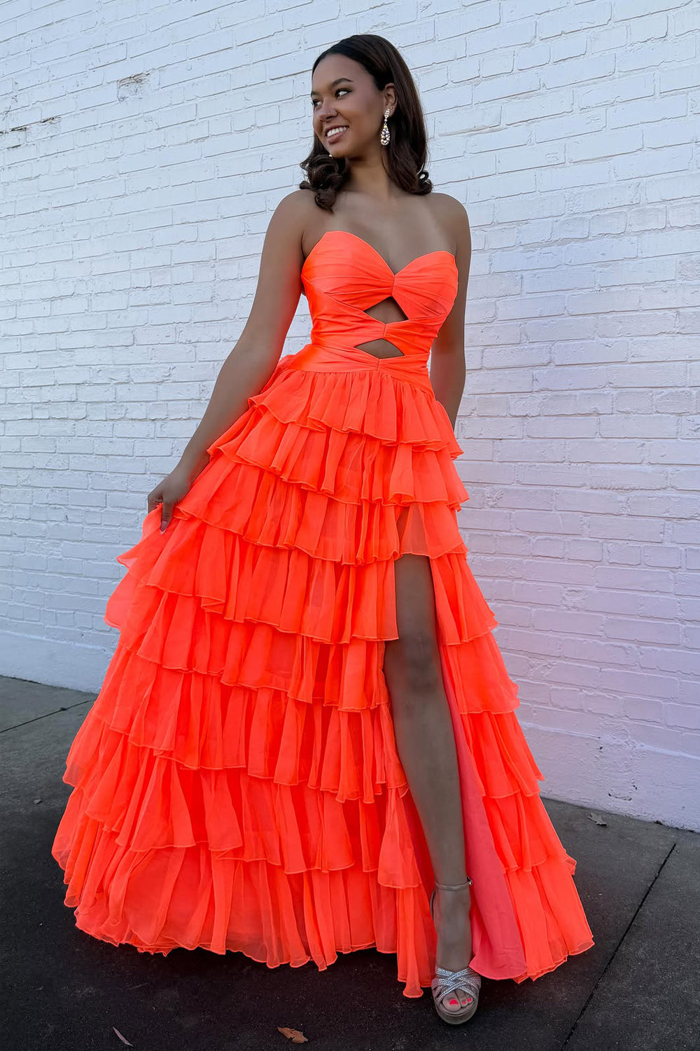 Cute A Line Sweetheart Orange Chiffon Tiered Prom Dress