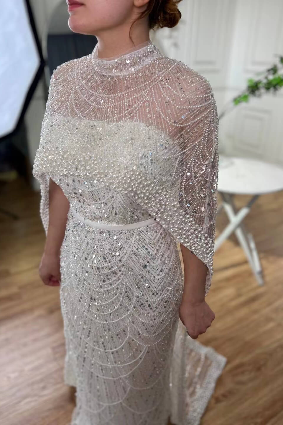 High Neck Sheath Pearls Prom Dresses With Cape Long Sequins Beads