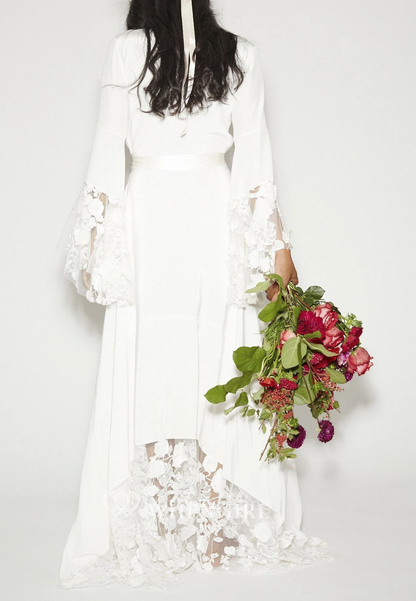 V Neck Bell Sleeves Appliqued A-Line Floor Length Wedding Dress