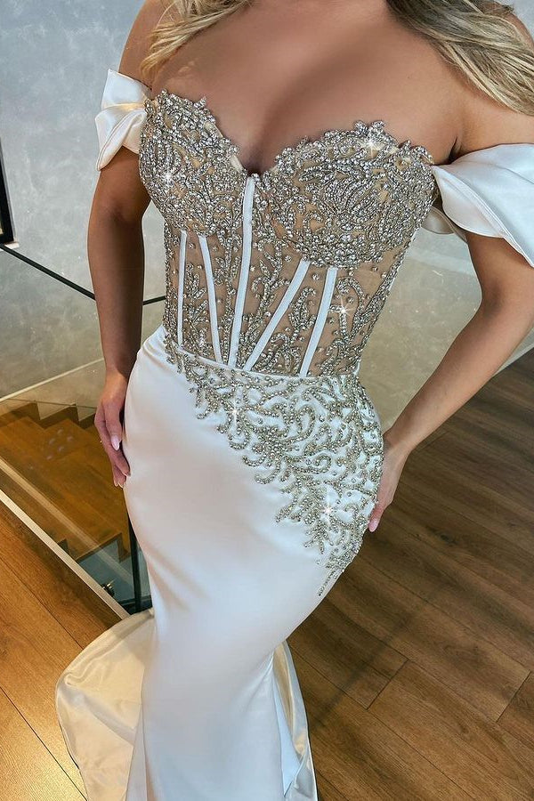 Stunning White Sweetheart Off the Shoulder Mermaid Evening Dress With Appliques